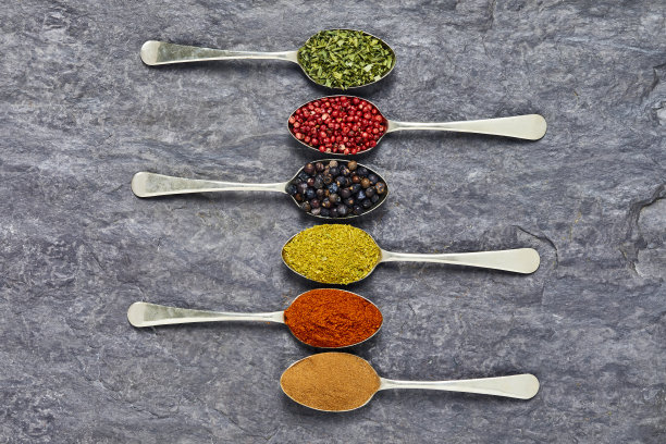 头顶拍摄的各种香料在勺子石板背景图片下载
