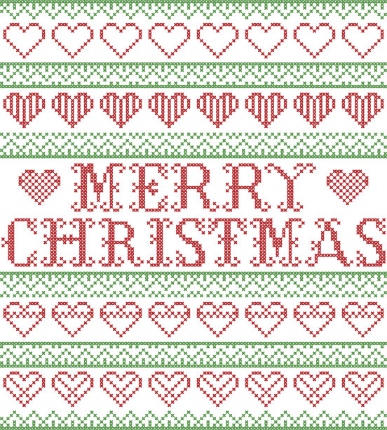 圣诞快乐北欧风格和灵感来自斯堪的纳维亚十字绣工艺无缝圣诞图案在红色，绿色和白色包括各种心元素和装饰装饰图片下载