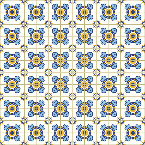 无缝模式与葡萄牙瓷砖。矢量插图的Azulejo在白色的背景。地中海风格。蓝黄图案图片下载