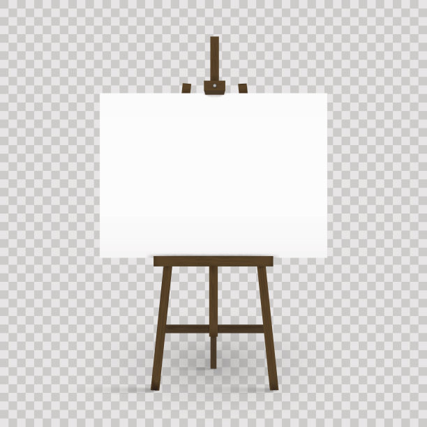 画家画架上的空白画布。空白艺术板和木制画架孤立在透明的背景上。矢量插图。素材图片