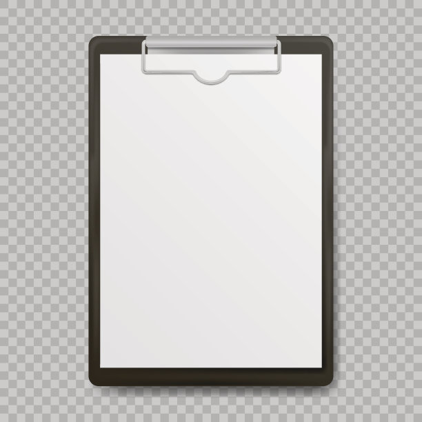 黑色剪贴板与空白白纸附加在透明的背景。矢量插图。图片下载