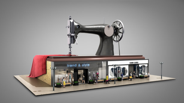 服装行业一款生产品牌服装的概念缝纫机是在精品店屋顶上3d渲染上白色的图片下载