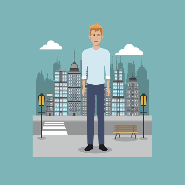 年轻人站在路边，灯柱城图片下载