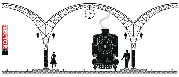 火车站的一座古老的拱形金属建筑。站台上的人们和蒸汽机车。黑色的轮廓。图片下载