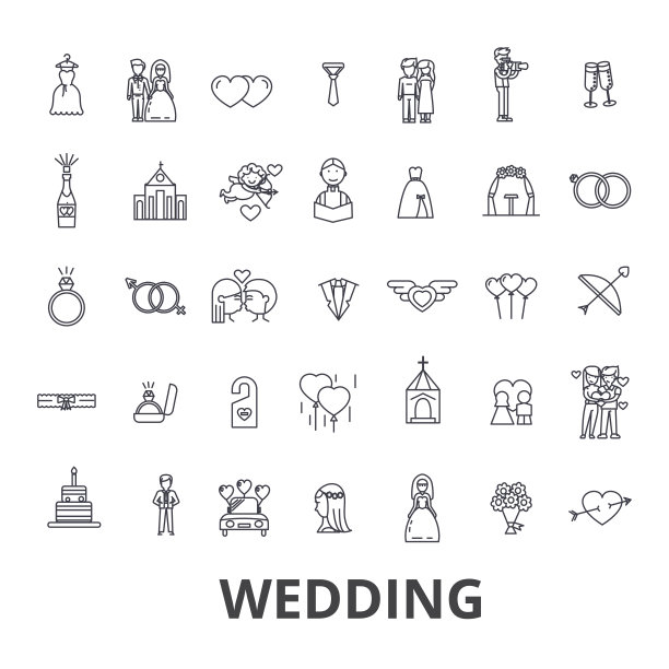 婚礼，邀请，新娘，夫妇，戒指，蛋糕，新郎，爱，花，关系线图标。可编辑的中风。平面设计矢量插图符号概念。线性迹象孤立图片下载