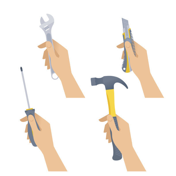 人手拿小工具:锤子、扳手、螺丝刀、刀。素材图片
