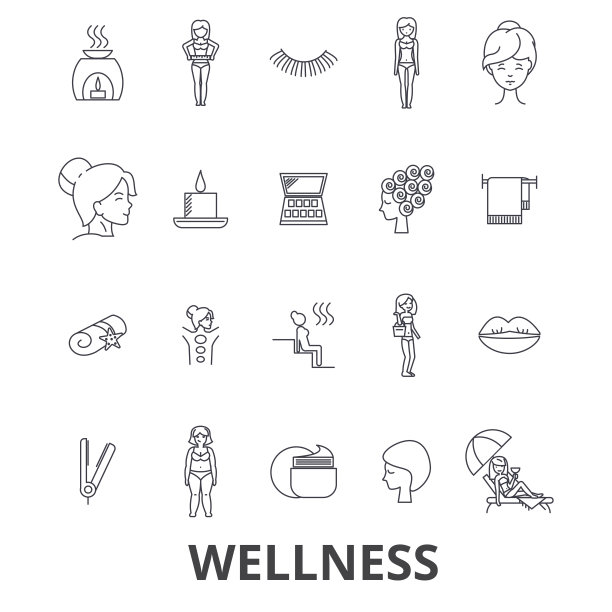 健康，健康，水井，温泉，健身，按摩，美容，健康，健身房系列图标。可编辑的中风。平面设计矢量插图符号概念。线性迹象孤立图片下载