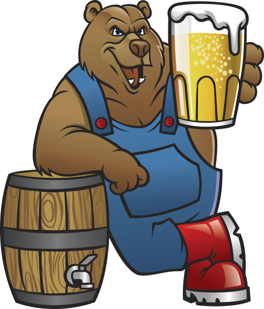 小熊卡通靠在酒桶上，递上啤酒图片下载