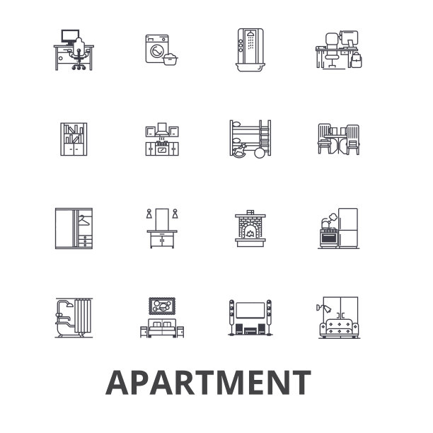 公寓、建筑、住宅、室内、公寓、综合体、建筑、客厅线条图标。可编辑的中风。平面设计矢量插图符号概念。线性迹象孤立图片下载