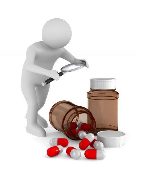 白色背景上带着放大镜和药剂的男人。孤立的3 d演示图片下载