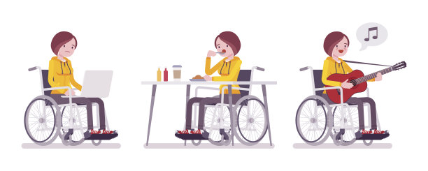 坐轮椅的年轻女性用笔记本电脑，吃东西，唱歌图片下载