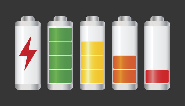一组电池充电水平指示器。矢量插图上的黑色背景。图片下载