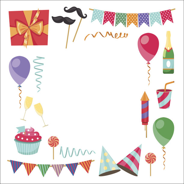 平面矢量图标庆祝派对嘉年华节日图标集。色彩丰富的符号和元素-面具，礼物，礼物，气球，帽子，帽子图片下载