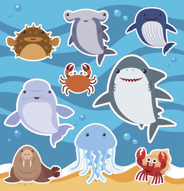 可爱的海洋动物贴纸设计图片下载