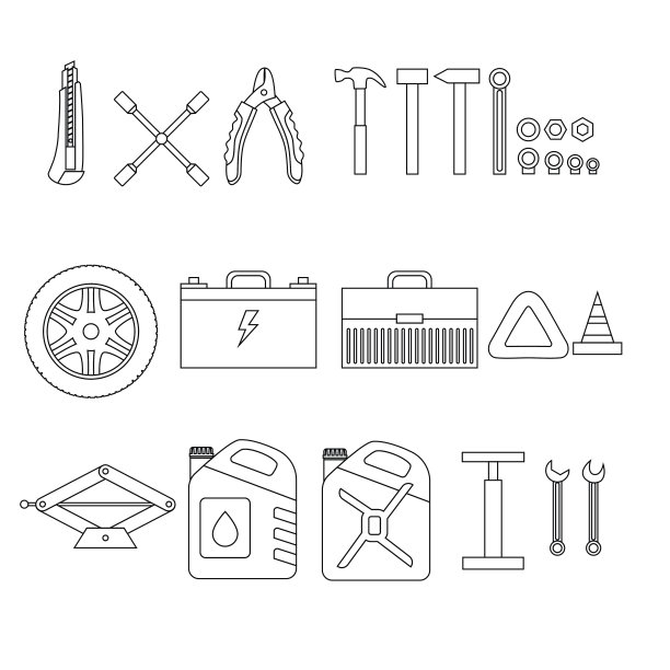 概述汽车服务和诊断的设计要素。汽车机械修理。机械工具和设备组。图片下载