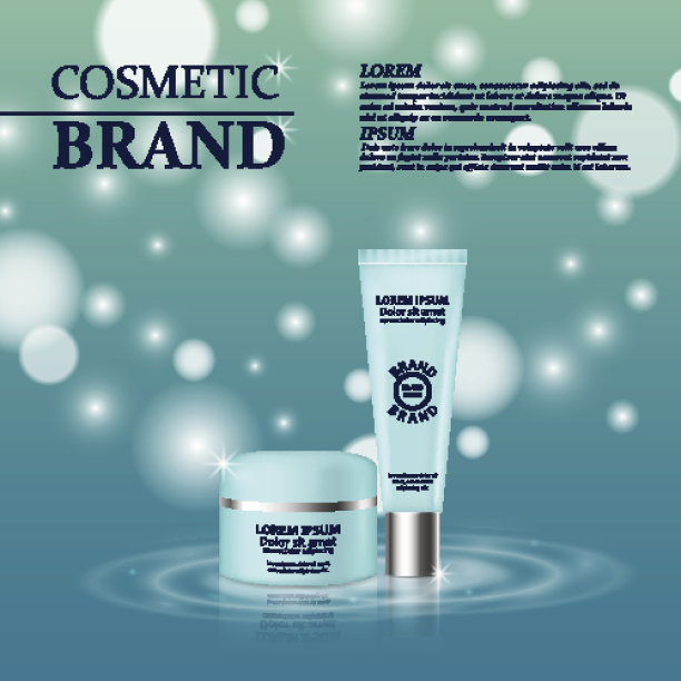 3D逼真的化妆品瓶广告模板。化妆品牌广告概念设计，以亮片和散景为背景图片下载