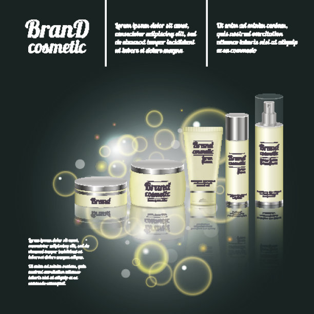 3D逼真的化妆品瓶广告模板。化妆品品牌广告概念设计与泡沫和闪光图片下载