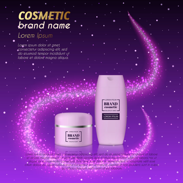 3D逼真的化妆品瓶广告模板。彩妆品牌广告概念设计，以璀璨尘埃为背景图片下载