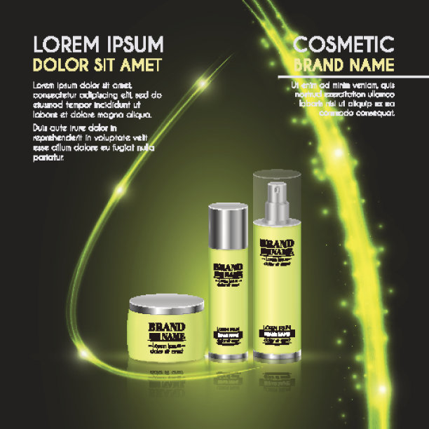 3D逼真的化妆品瓶广告模板。化妆品品牌的广告概念设计与发光闪闪的抽象背景图片下载
