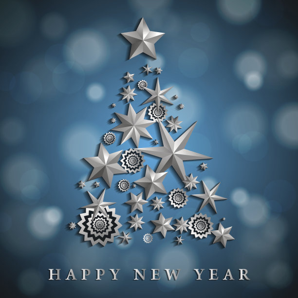 圣诞节和新年抽象与圣诞树制成的星星和雪花在蓝色环境模糊的背景。矢量图图片下载