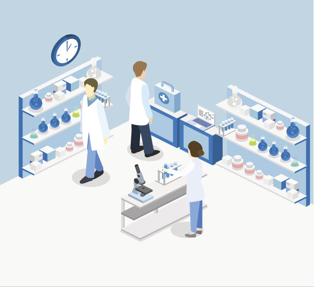 科学实验室内部的等距平面三维概念向量。图片下载