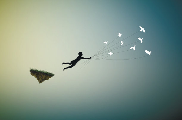 男孩拿着一束花飞走了，图片下载