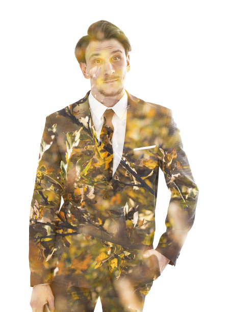 英俊商人和秋叶的双重曝光图片下载