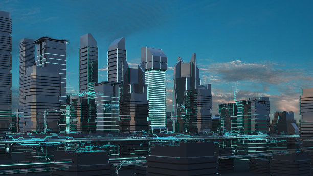 未来主义的摩天大楼在流动。数字数据的流动。未来之城。3 d演示。三维渲染图片下载