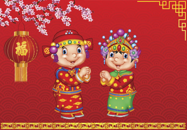 穿着传统服装的卡通中国孩子图片下载