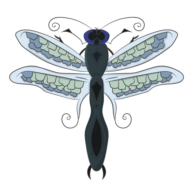 明亮的蓝色的蜻蜓。孩子画画。矢量插图。手绘。图片下载