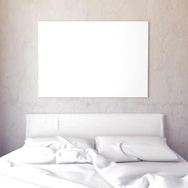 在卧室内部模拟海报。卧室的北欧风格。3d插图模拟海报在卧室室内。卧室潮人的风格。三维演示图片下载