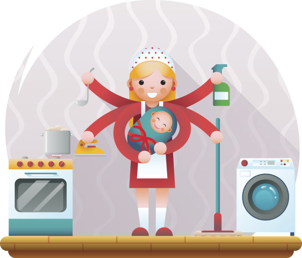 可爱的年轻主妇与儿童配件图标在家庭房间室内背景平面设计概念模板矢量插图图片下载