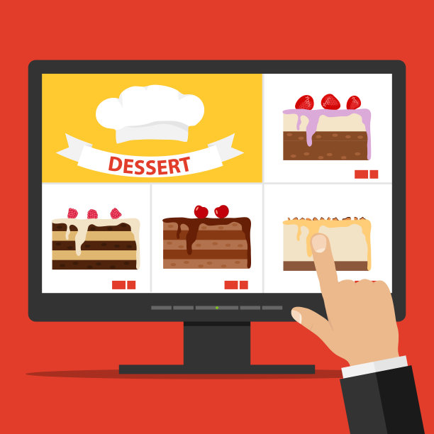 网上订购蛋糕通过互联网。在电脑上选择一个蛋糕。图片下载