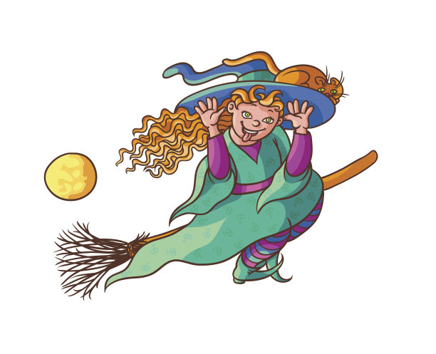 明亮矢量快乐女孩巫婆与猫在扫帚上，万圣节儿童派对幽默插画图片下载