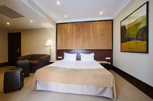 旅行袋在旅馆房间里图片下载