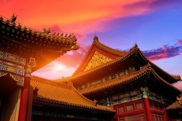 北京紫禁城日落美景，中国，暗光图片下载