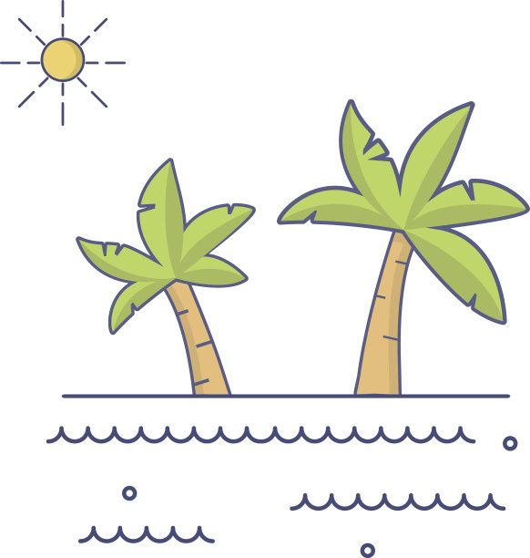 热带景观，棕榈树和海浪。在平面线性风格中，矢量。太阳照耀着天空。图片下载