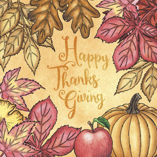 南瓜，苹果和秋叶矢量水彩框架与复制空间，“感恩节快乐”文本图片下载