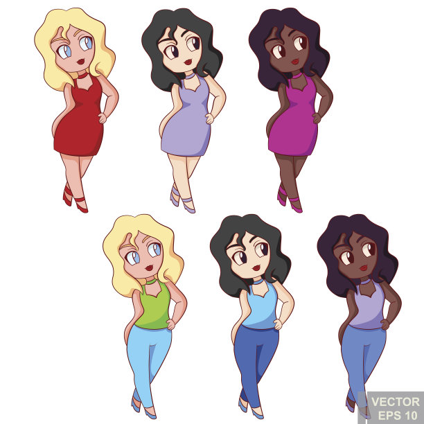 可爱的跨国胖乎乎的胖女孩穿着休闲的上衣牛仔裤，美丽的女人摆姿势。剪贴艺术卡通矢量插图图片下载