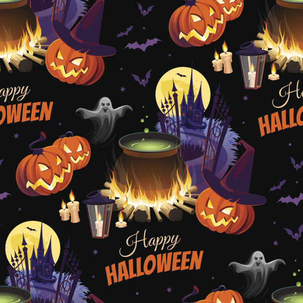 万圣节快乐插图与人物在黑色的背景。无缝模式。图片下载
