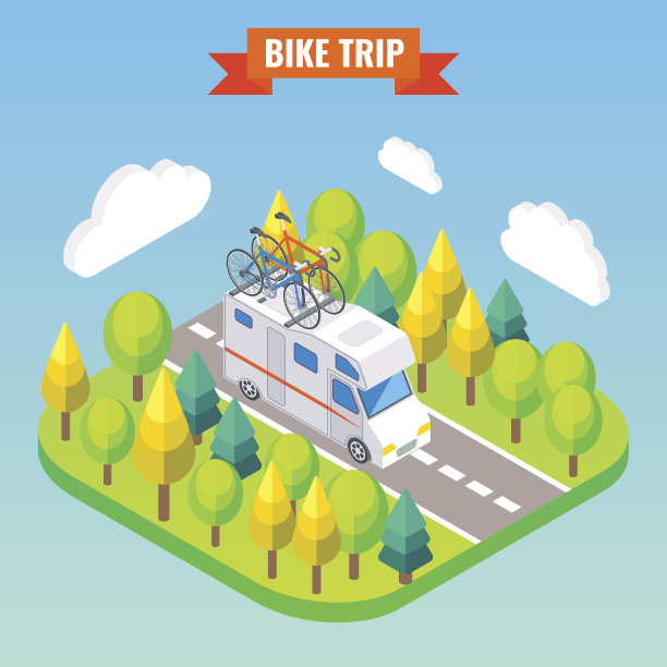 屋顶上有自行车的露营车。旅行和露营等距矢量插图在平坦的3d风格。户外露营活动。乘大篷车旅行图片下载