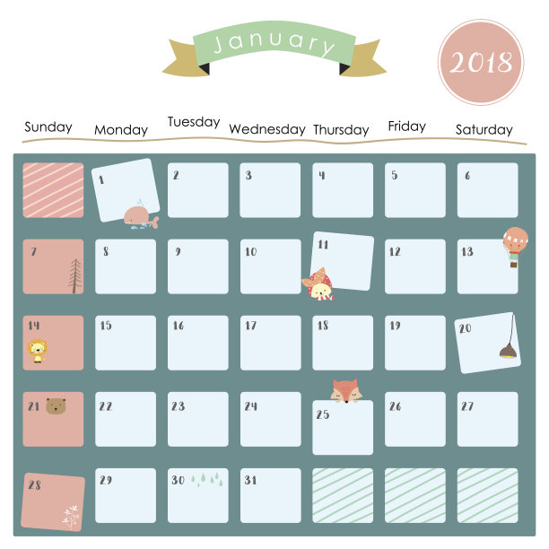 彩色可爱的2018年1月日历，有兔子、狮子、狐狸、熊、狮子、气球和树图片下载
