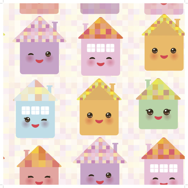 有趣的快乐的房子，可爱的脸，微笑，粉红色的脸颊，大眼睛。无缝图案，色彩柔和。向量图片下载
