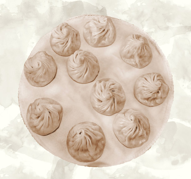 小笼包的复古效果摄影——中国风格的猪肉饺子，里面有美味的热汤，从上往下看图片下载