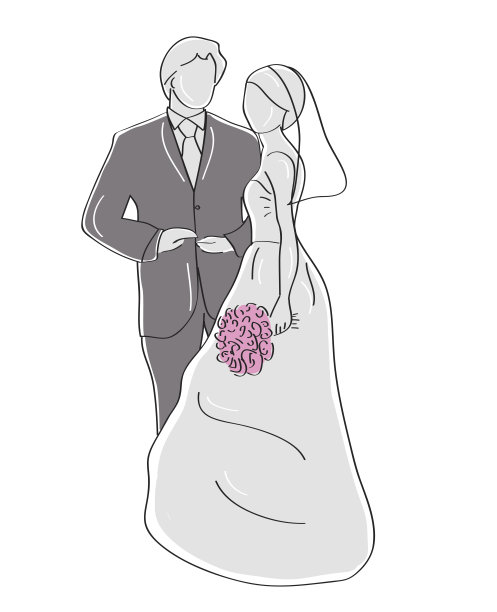 一个男人和一个穿着婚纱的女人在婚礼上的剪影。矢量图图片下载