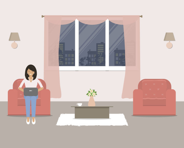 客厅，窗户背景上有家具。扶手椅上坐着一位手提电脑的年轻女士图片下载