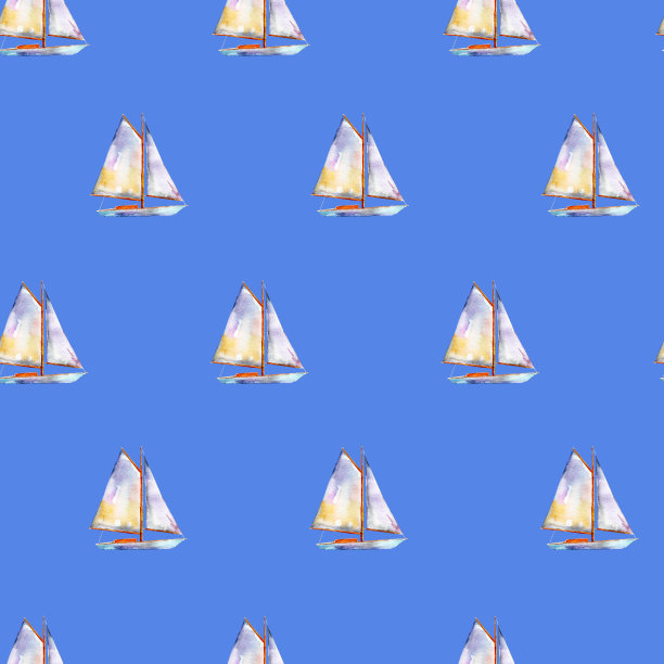 水彩无缝模式与帆船，明亮的手绘夏季背景。图片下载