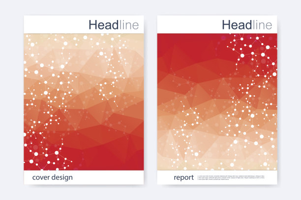 科学的宣传册设计模板。矢量传单布局，分子结构与连接线和点。科学图案原子DNA与元素为杂志，传单，封面，海报设计。图片下载