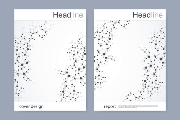 科学的宣传册设计模板。矢量传单布局，分子结构与连接线和点。科学图案原子DNA与元素为杂志，传单，封面，海报设计。图片下载