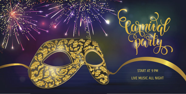 金色狂欢面具，纹理闪亮。嘉年华手绘字体。请帖模板。矢量插图EPS10。图片下载